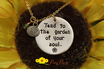 Tend to the Garden of Your Soul Necklace, Inspirational, Hand Stamped, Gardener Gift, Religous Jewelry, Mother's Day Gift, Flower Charm