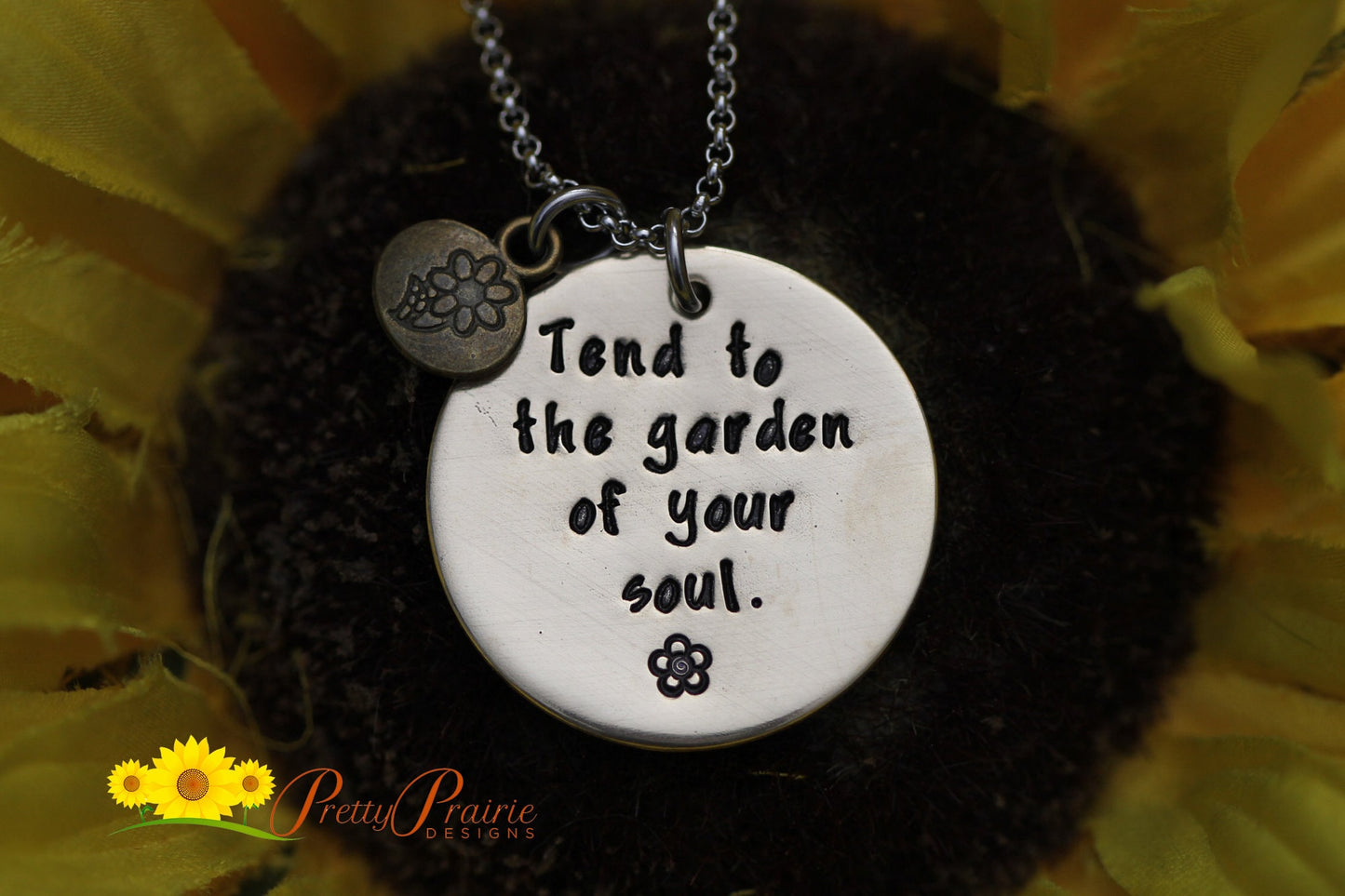 Tend to the Garden of Your Soul Necklace, Inspirational, Hand Stamped, Gardener Gift, Religous Jewelry, Mother's Day Gift, Flower Charm