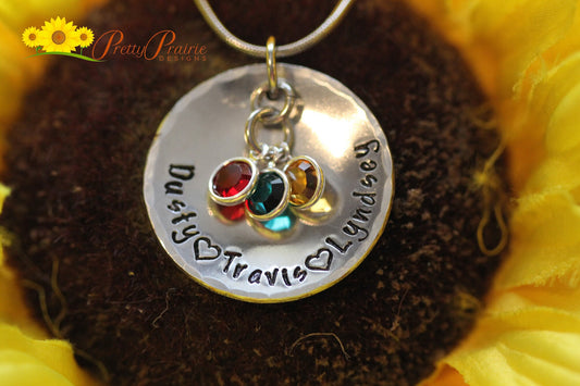 Domed Family Member Necklace, Hand Stamped, Personalized, Birthstones, Mom or Grandma Jewelry, Mother's Day, Promise Necklace, Engagement