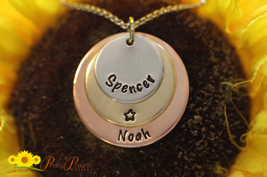 Rainbow Baby Necklace, Heavenly Baby Jewelry, Mom of an Angel Gift, Loss of a Child Gift, Remembrance Necklace, Stacked Discs, Hand Stamped