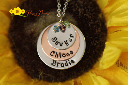 Three Disc Necklace with Birthstones, Mixed Metal Jewelry, Stacked Necklace, Hand Stamped, Personalized, Mother's Day Gift, Grandma Gift