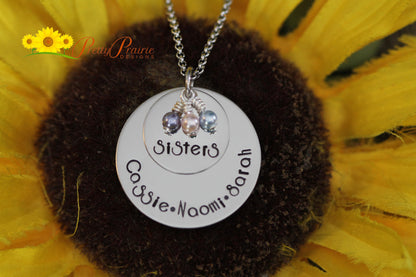 Three Sisters Stack Disc Necklace, Gift for Sisters, Personalized, Hand Stamped, Stainless, Pearl Jewelry, Sorority Sisters Necklace