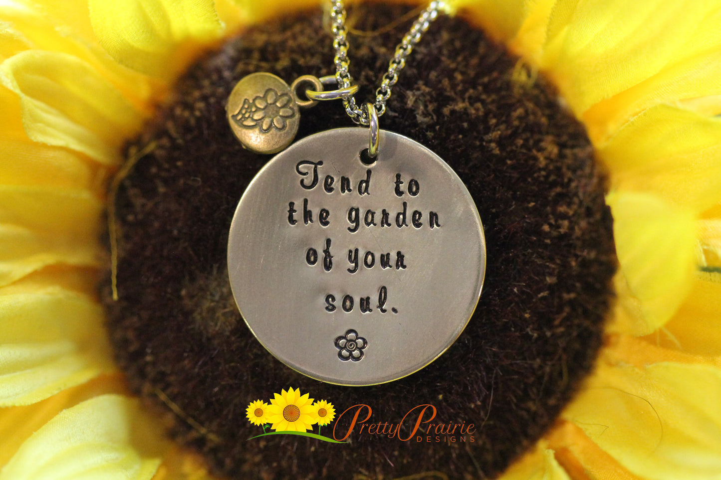 Tend to the Garden of Your Soul Necklace, Inspirational, Hand Stamped, Gardener Gift, Religous Jewelry, Mother's Day Gift, Flower Charm