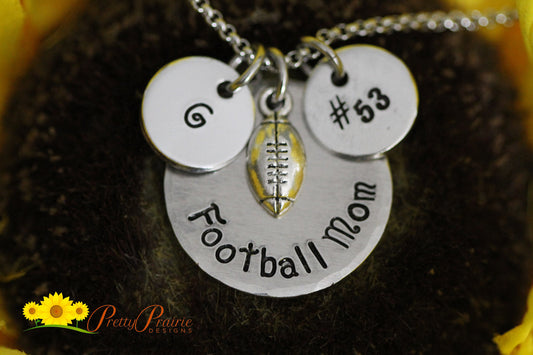 Personalized Football Mom Necklace, Child's Initial and Jersey Number, Custom, Hand Stamped, Team Mom Gift, Football Charm Necklace for Mom
