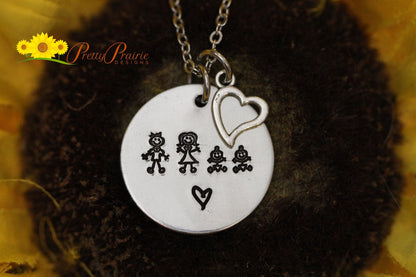 My Family Stick Figure Necklace, Hand Stamped Gift, Mommy Necklace, Gift for Mom, Mother's Day Gift, Heart Charm, Personalized Disc Jewelry