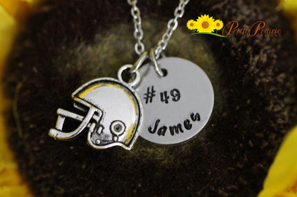 Football Helmet Necklace, Personalized, Girlfriend Gift, Hand Stamped, Powder Puff Football, Football Mom or Dad Gift, Football Keychain