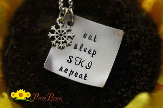 Eat Sleep Ski Repeat Necklace, Ski Lover's Gift, Ski Jewelry, Hand Stamped, Winter Sport Necklace, Snowflake Charm, Adventure Gift