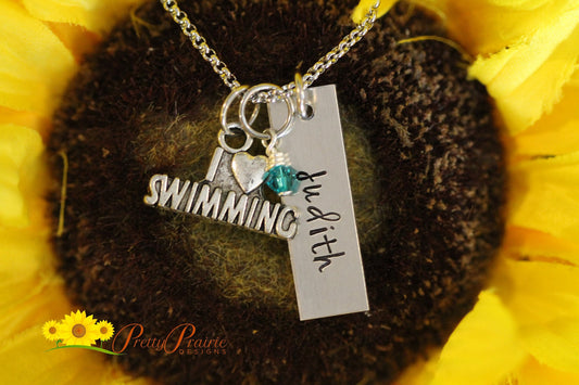I Love Swimming Necklace, Swim Keychain, Personalized Swim Jewelry, Swimmer Gift, Swim Bag Tag, Swim Team Gift, Swimming Present, Swim Gift