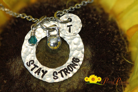 Stay Strong Initial Necklace, Workout Keychain, Personalized, Trainer Gift, Kettlebell Jewelry, Inspirational Gift, Gift for Friend, Fitness