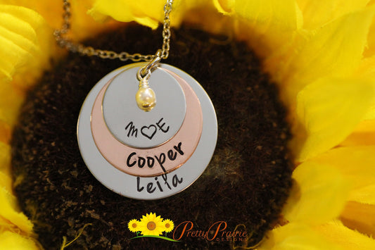 Family Stacked Disc Necklace, Mixed Metal, Personalized Jewelry, Mother's Day Gift, Children's Names, Family Members Necklace, Hand Stamped
