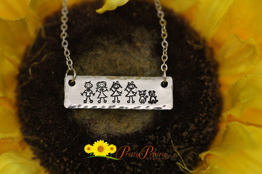 Stick Figure Bar Necklace, Daughter Gift, Family Members, Hand Stamped Gift, Mommy Necklace, Mother's Day Gift, Gift for Grandma, Metal Bar