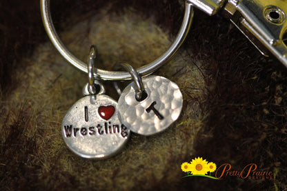 I Love Wrestling Initial Keychain, Gift for Wrestler, Wrestler Girlfriend Gift, Wrestler Mom or Dad, Wrestling Keychain, Personalized Sport