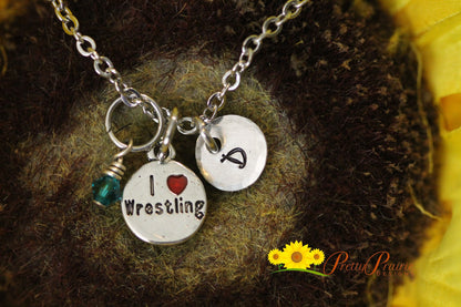 I Love Wrestling Initial Necklace, Wrestling Gift, Mom of a Wrestler Gift, Wrestlers Girlfriend Gift, Personalized Wrestling Jewelry