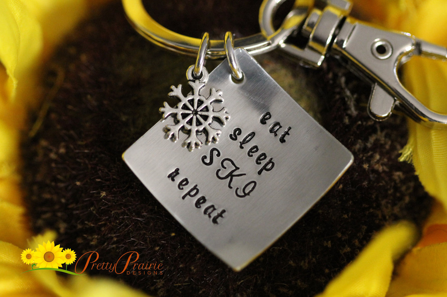 Eat Sleep Ski Repeat Keychain, Ski Keychain, Hand Stamped, Gift for a Skier, Winter Sport Gift, I Love to Ski Present, Snowflake Charm