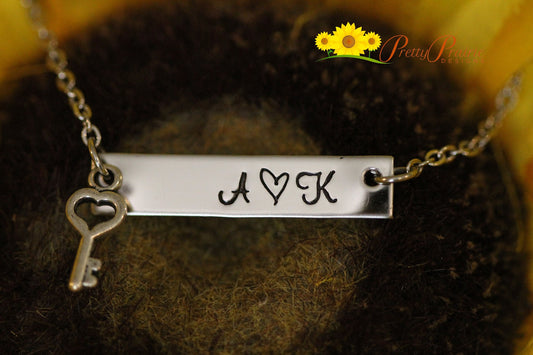 Key to My Heart Bar Necklace, Key Charm, Hand Stamped Initial Jewelry, Valentine Gift for Girlfriend, Engagement Present, Silver Bar Jewelry