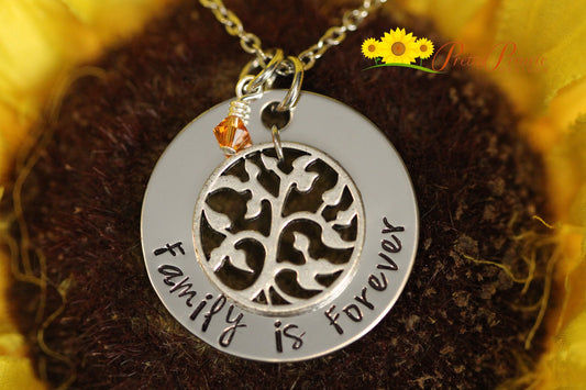 Family is Forever Necklace, Family Tree Jewelry, Mother's Day Gift, Tree Charm, Hand Stamped Jewelry, Grandmother Gift, Going Away Present