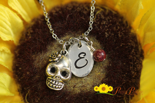 Silver Skull Initial Necklace, Day of the Dead Necklace, Hand Stamped, Lover of Pirates Gift, Goth Jewelry, Teen Birthday, Skull Jewelry