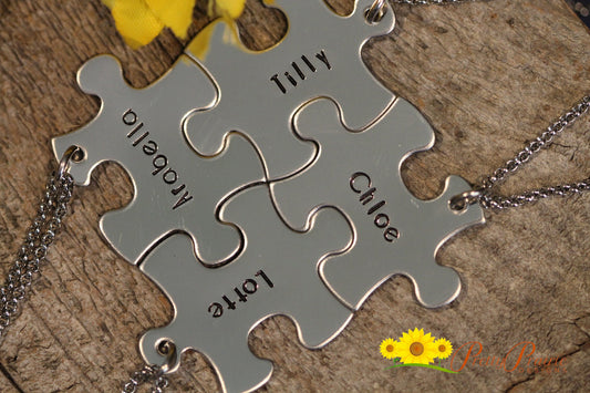 Name Puzzle Piece Necklace Set, Hand Stamped, BFF Puzzle Piece Gift, Sisters, Mother Daughter Jewelry, Sorority Sisters, Couple Necklace Set