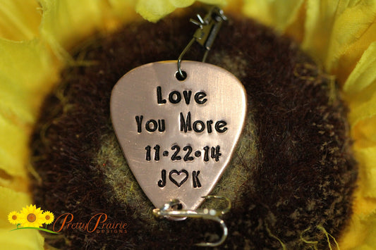 Love You More Fishing Lure, Initial Lure, Anniversary Gift for Angler, Hand Stamped Fish Hook, Custom Fishing Keychain, Dated Fishing Gift