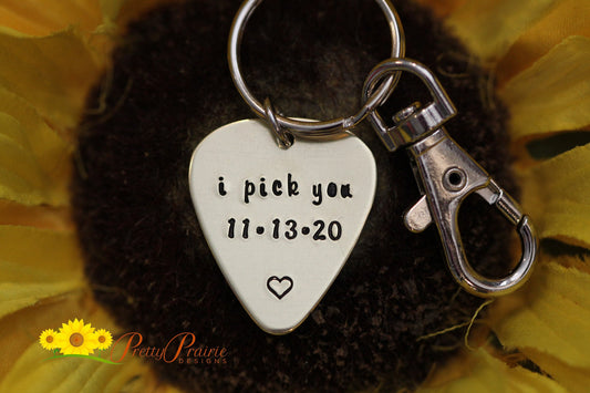I Pick You Guitar Keychain, Perfect Gift for Spouse, Boyfriend, or Girlfriend, Hand Stamped, Custom, Metal, Personalized, Music Gift
