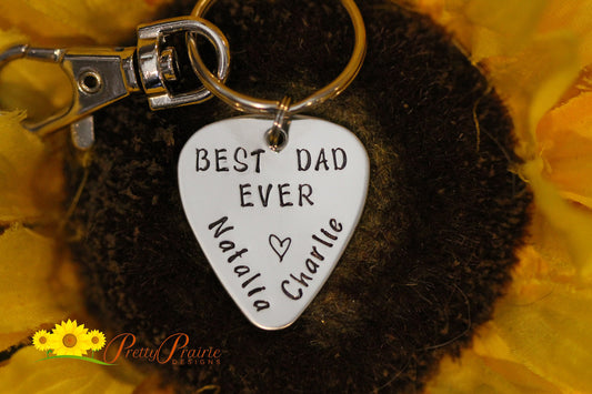 Best Dad Ever Guitar Pick Keychain, Hand Stamped, Music Lovers Gift, Personalized, Father's Day, Guitar Player Gift, Dad's Gift from Kids