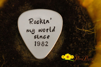 Rockin' My World Guitar Pick, Anniversary Gift for Musician, Hand Stamped Metal Present, Guitarist Gift, Rock & Roll Present, Valentine Gift