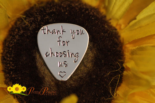 Thank You for Choosing Us Guitar Pick, Gift for Stepdad, Adopted Parent Gift, Hand Stamped Thank You Token, Metal Pick, Musician Gift