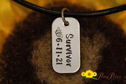 Survivor and Date Necklace, Mini Dog Tag Jewelry, Cancer Survivor Necklace or Keychain, Hand Stamped, Last Treatment Date, Remission Gift