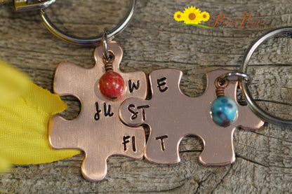 We Just Fit Puzzle Piece Keychain Set, Hand Stamped, Personalized, Best Friend, Couples Gift, Anniversary, His and Her Gift, Valentine Gift