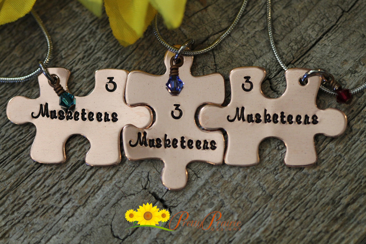 Musketeer Puzzle Piece Necklace Set, Hand Stamped, BFF Puzzle Piece Gift, Sisters, Mother Daughter Jewelry, Sorority Sisters Necklace Set