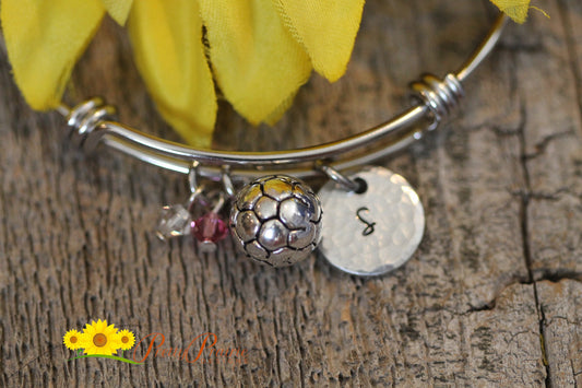 Soccer Initial Bangle, Gift for Soccer Coach, Soccer Player Gift, Soccer Mom, Soccer Fan, Soccer Jewelry, Personalized Soccer Bracelet