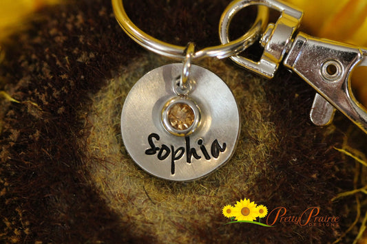 Domed Name Keychain, Birthstone, Personalized, Hand Stamped Keyring, Sweet 16 Gift, New Car, New Driver, Keychain for Teen, Silver, Gold