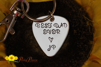 Best Dad Ever Guitar Pick Keychain, Hand Stamped, Music Lovers Gift, Personalized, Father's Day, Guitar Player Gift, Dad's Gift from Kids