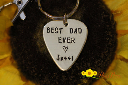 Best Dad Ever Guitar Pick Keychain, Hand Stamped, Music Lovers Gift, Personalized, Father's Day, Guitar Player Gift, Dad's Gift from Kids