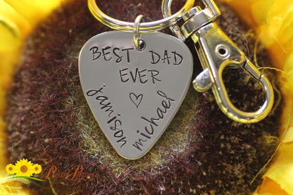 Best Dad Ever Guitar Pick Keychain, Hand Stamped, Music Lovers Gift, Personalized, Father's Day, Guitar Player Gift, Dad's Gift from Kids