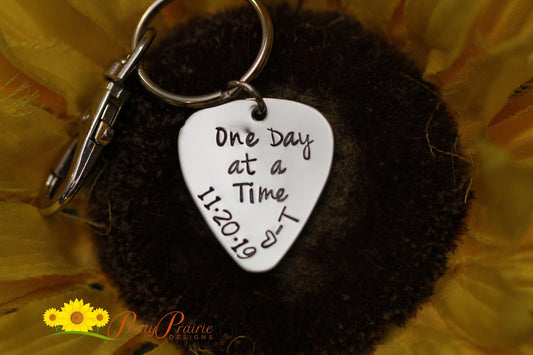 One Day at a Time Guitar Keychain, Sobriety Gift, Hand Stamped, Custom, Metal Pick, Personalized Recovery Gift, Inspirational Keychain