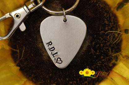 Initial Guitar Pick Keychain, Gift for Guitar or Music Lover, Present for Musician, Gift for Him or Her, Personalized Keychain, Hand Stamped