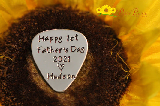 Happy 1st Father's Day Guitar Pick, Hand Stamped Pick, Father's Day, Mother's Day Gift, Music Lover, Guitarist Gift, Hand Stamped Metal Pick