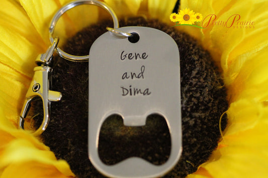 Personalized Anniversary Bottle Opener, Keychain Opener, Engagement Gift, Wedding Present, Hand Stamped, Housewarming Gift, Beer Lover Gift