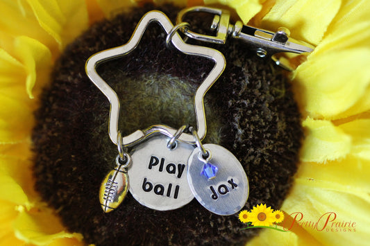 Play Ball Keychain, Hand Made, Bag Tag, Personalized, Football, Basketball, Baseball, Softball, Soccer, Tennis, Volleyball, Water Polo Gift