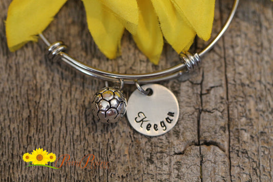Personalized Soccer Bangle, Gift for Soccer Coach, Soccer Player Gift, Soccer Mom Bracelet, Soccer Fan, Soccer Jewelry, Soccer Name Bracelet