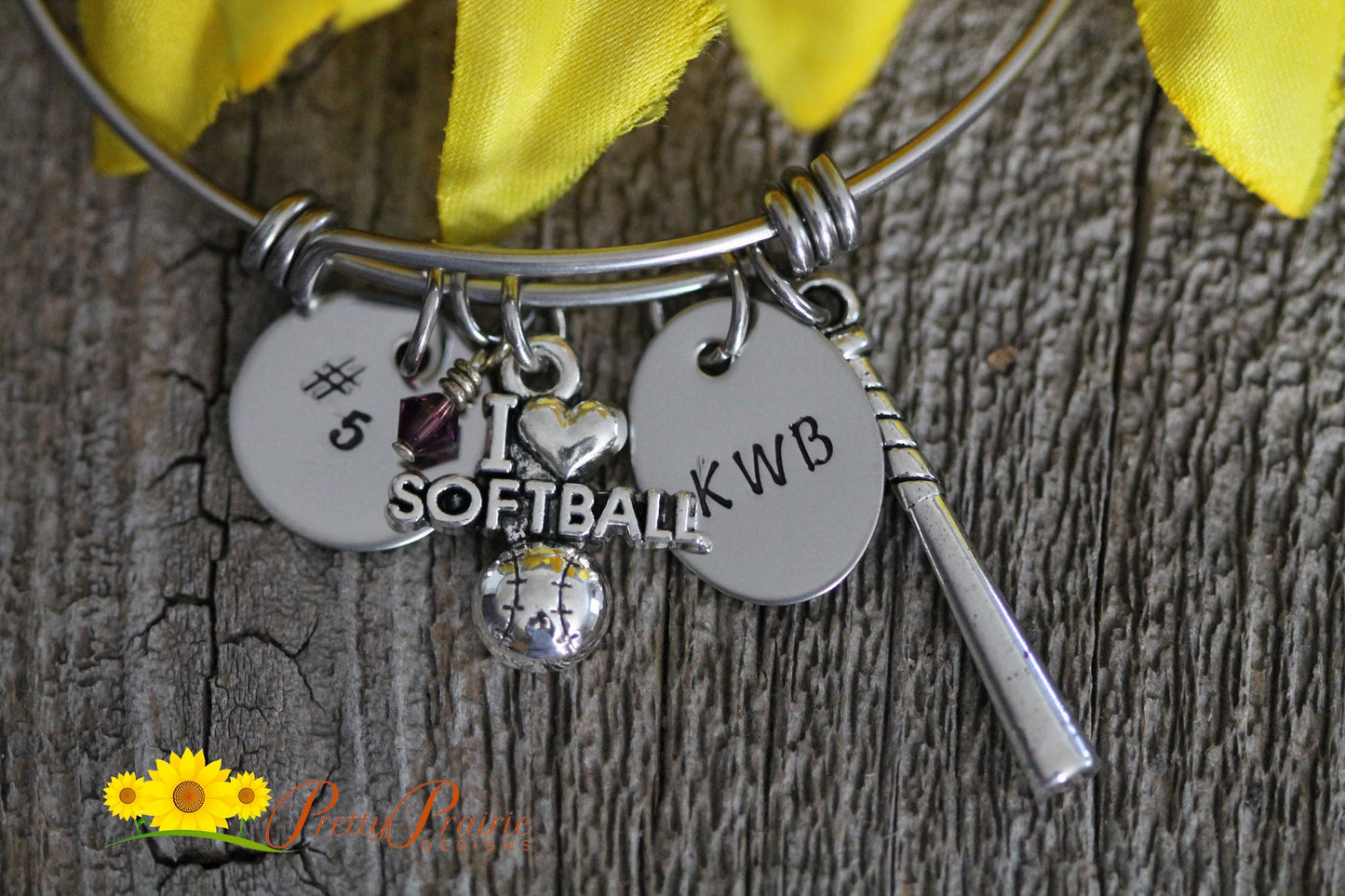 I Love Softball Bangle, Softball Mom Bracelet, Softball Player Gift, Initial Sport Bangle, Hand Stamped Bangle, Personalized Softball Gift