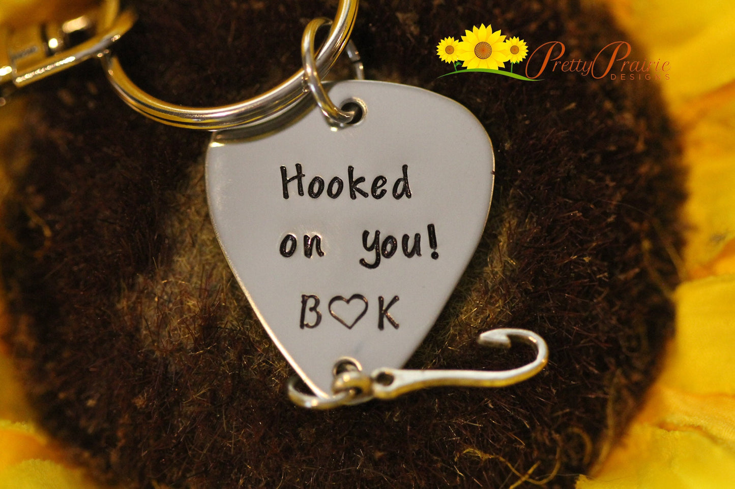 Hooked on You Keychain, Initial Keychain, Personalized Fishing Gift, Valentine Gift, Wedding Gift, Hand Stamped Keychain, Valentine Gift