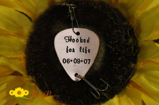 Hooked for Life Fishing Lure, Angler Gift, Engagement or Wedding Gift, Hand Stamped, Fish Hook, Anniversary, Engagement, Love to Fish Gift