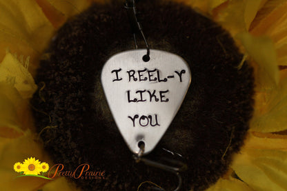 I Reel-y Like You Fishing Lure, Custom Fishing Hook, Hand Stamped Gift for Angler, Husband, Fisherman Gift, Valentine, Engagement Gift