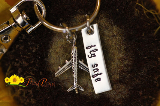 Fly Safe Keychain, Travelers Gift, Goodbye Gift, Pilot's Gift, Stewardess Gift, Plane Charm, Good Luck, Going Away Present, Helicopter Charm