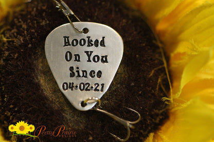 Hooked On You Since Fishing Lure, Custom Made Lure, Fishing Gifts, Anniversary or Valentine Gift, Hand Stamped Fishing Hook, Dated Lure