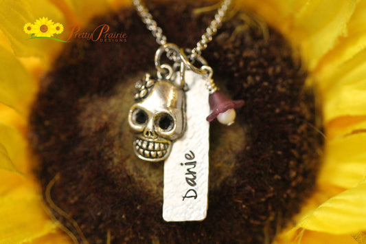 Silver Skull Name Necklace, Day of the Dead Necklace, Hand Stamped, Pirate Lover, Goth Jewelry, Teen Birthday, Skull Jewelry, Daughter Gift