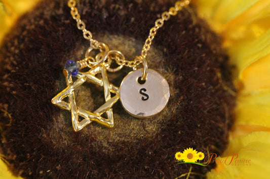 Star of David Initial Necklace, Jewish Star Charm, Bar or Bat Mitzvah Gift, Hanukkah Jewelry, Hand Stamped, Personalized, Holiday Gift