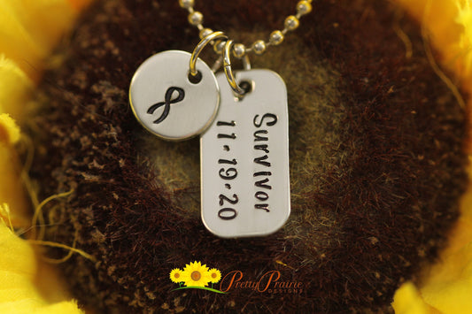 Cancer Ribbon Survivor Necklace, Mini Dog Tag Jewelry, Cancer Survivor Keychain, Hand Stamped, Last Treatment Date, Remission Gift